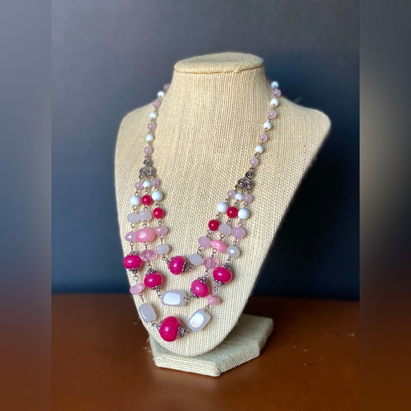 Unique Three Layer Multi-tone Pink and White Beaded Necklace - Picture 1 of 2